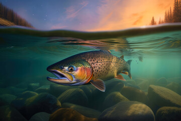 Salmon swimming under water, with landscape above the surface - AI Generated
