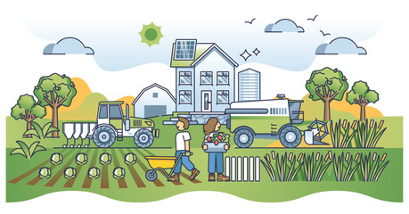 Sustainable agriculture and ecological local food harvest outline concept. Environmental and nature friendly agribusiness growing vegetables without pesticides vector illustration. Bio farming field.