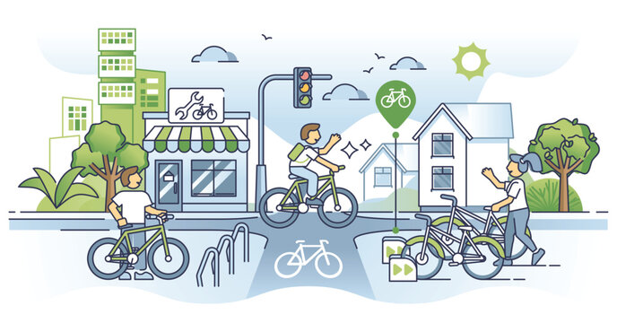 Bike infrastructure and bicycle line on urban city road outline concept. Green, sustainable and environmental recreation type with public transportation and movement activity vector illustration.
