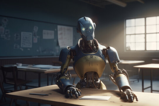 The robot is sitting at the table at school. AI generative.