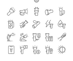 Flashlight. Zoomble, batteries included, light modes. Waterproof flashlight. Pixel Perfect Vector Thin Line Icons. Simple Minimal Pictogram