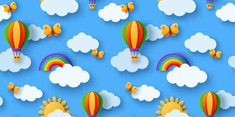 Seamless pattern beautiful fluffy clouds on blue sky background with summer sun, butterfly, hot air balloons and rainbow. Vector illustration. Paper cut style. © kotoffei