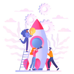 People with rocket. Men and women work on business project or start up. Teamwork and partnership. Characters building spaceship. Development and project. Cartoon flat vector illustration