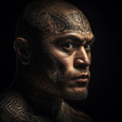 Side profile of Maori man from New Zealand with tribal tattoos. generative ai