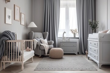 With a cozy armchair and a wooden cradle, the sophisticated grey infant room has a grey chest of drawers in the center. Generative AI