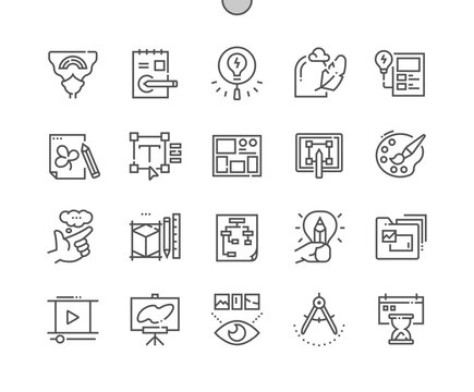 Creative tools. Search idea. Design process. Mind map and color palette. Pixel Perfect Vector Thin Line Icons. Simple Minimal Pictogram