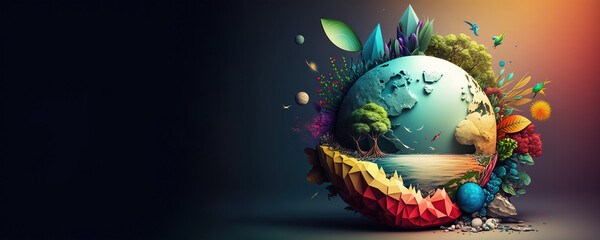 earth day, planet with plants and leaves, colorful shapes, around the globe, nature and animal life banner