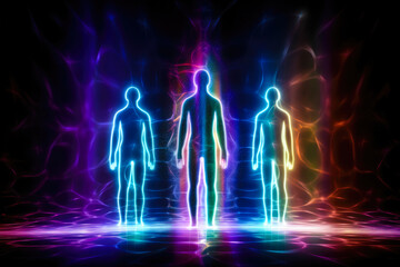 Fototapeta premium 3 Silhouettes of human astral bodies - concept image for near death experience, spirituality, and meditation - AI Generated