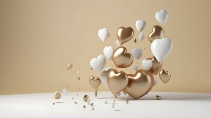 Levitating Hearts 3D Background with Beige and Gold Flying Love Pills