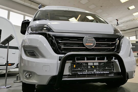 Front mask of Hymer camper van displayed on Caravan bike travel expo in Nitra, Slovakia, march 2023