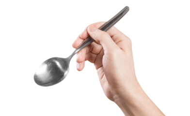 Hand holding a spoon, cut out