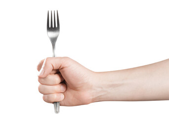 Hand holding a fork, cut out