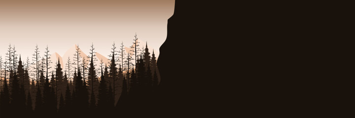 sunset sky nature landscape forest silhouette flat design vector illustration good for banner, background, backdrop, web banner, ads banner, tourism banner, and wallpaper