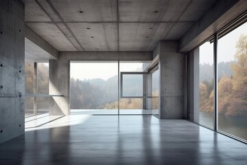 empty room with a scenic view of trees through large windows. Generative AI