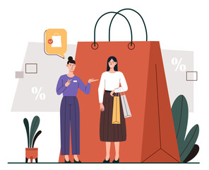 Personalized sales concept. Women in front of large red package. Metaphor of shopping and home delivery. Buyer and seller. Discounts and promotions, special offer. Cartoon flat vector illustration