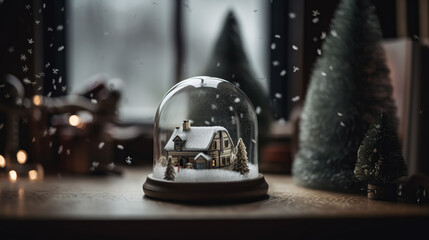 Winter mood glass snow globe, generative ai