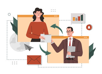 Online technical negotiations. Man and woman communicate via video communication, conference and call. Brainstorming lighting directors. Consultations and advice. Cartoon flat vector illustration