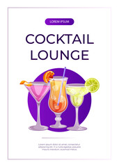 Promo flyer with classic cocktails cosmopolitan, margarita, sex on the beach. Italian aperitif. Alcoholic beverage drinks bar menu.  Holidays, summer vacation, party, recreation. A4 for poster, banner