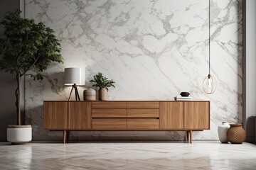 White and dark Japanese living room. Wooden dresser with wall mockup. Marble floor, panorama, wallpaper mockup. Modern decor,. Generative AI