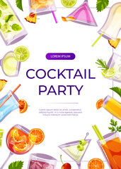 Promo flyer with classic cocktails blue lagoon, blood mary. Italian aperitif. Cocltail party. Alcoholic beverage drinks bar menu.Beach Holidays, summer vacation,  recreation. A4 for poster, banner