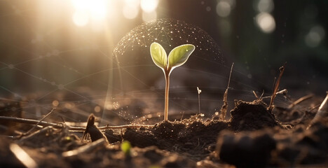 Green young plant sprouts in the ground. Symbol of sustainable development and renewable energy.