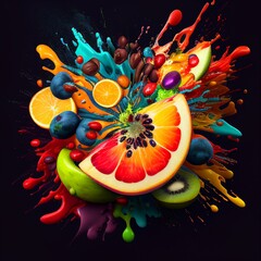 Colorful and eye-catching juicy fruit explosion illustration.