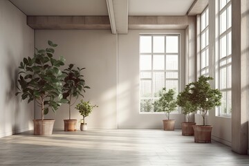 Interior design of a contemporary empty room with potted plants in the corner near the windows. Generative AI