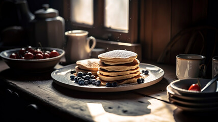 stacked pancakes with berries breakfast by the window, morning sunlight shining in. Pancakes with a View: A Sunny Breakfast with Berries