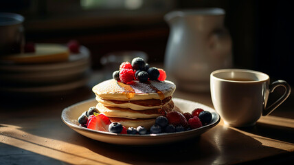 stacked pancakes with berries breakfast by the window, morning sunlight shining in. Pancake Heaven: A Tower of Fluffy Stacks with Berries