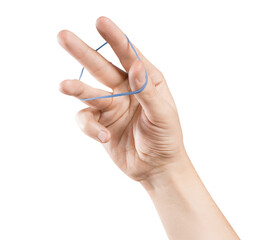 Hand playing with elastic hair band, cut out
