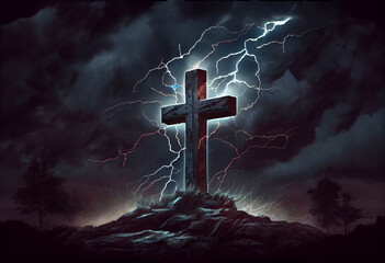 Cross on a hill during a thunderstorm. Christian symbol of faith, generative ai
