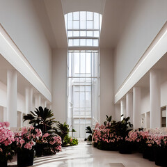 Fototapeta premium Stylish interior of modern hall with spring flowers.Generative AI Illustration