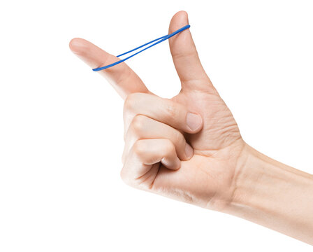 Hand playing with elastic hair band, cut out