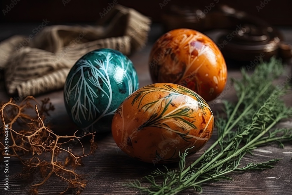 Poster three colorful easter eggs displayed on a rustic wooden table. generative ai