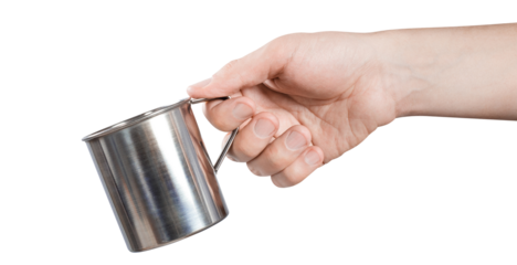 Hand holding a tin cup, cut out