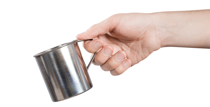Hand holding a tin cup, cut out