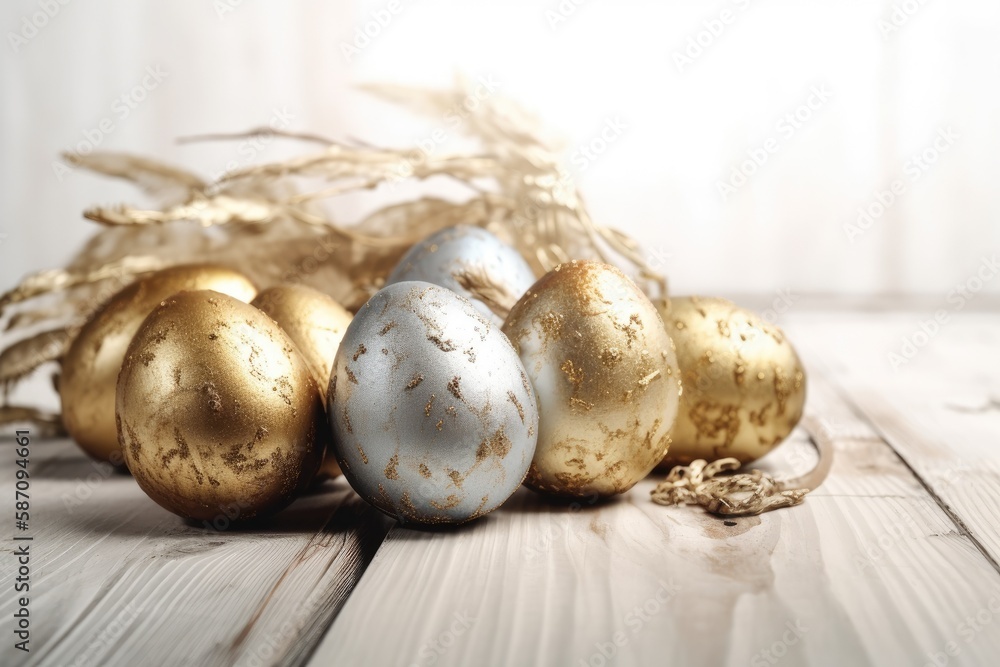 Poster rustic table setting with a display of golden and white eggs. generative ai