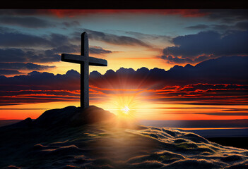 Cross on the hill at sunrise. Christian symbol of faith, generative ai