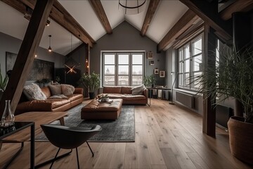 Fototapeta na wymiar Modern Luxury attic Loft apartment. Generative AI 