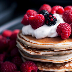 fluffy buttermilk pancakes topped with fresh berries and whipped cream - a sweet breakfast treat, start your day right, delicious breakfast options to satisfy every craving. generative ai
