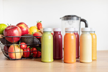 Healthy fresh fruit and vegetable smoothies with assorted ingredients of various colors and tastes. Superfood detox and diet food concept