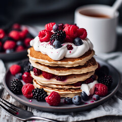 fluffy buttermilk pancakes topped with fresh berries and whipped cream - a sweet breakfast treat, start your day right, delicious breakfast options to satisfy every craving. generative ai
