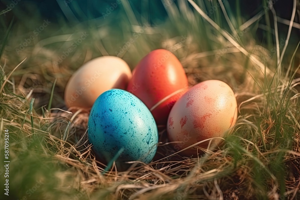 Poster group of bird eggs in a nest on a tree branch. Generative AI