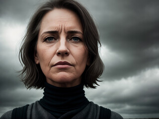 Dramatic portrait of a woman, late autumn season, wild landscape as background, dark sky with storm clouds. Generative AI.