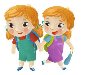 cartoon child kids girl girlfriends friendship pupils going to school learning childhood illustration for kids