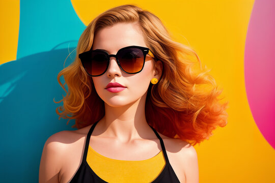 Portrait of an young woman with sunglasses on a abstract colorful background, summer vibrancy. Generative AI.