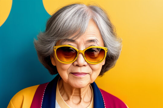 Portrait of an elderly Asian woman with blond hair and sunglasses on an yellow background, summer brightness. Generative AI.