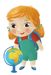 cartoon child kid girl pupil going to school learning with globe childhood illustration for kids