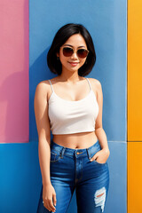 Portrait of an young asian woman in white shirt and and denim trousers, white shirt, with sunglasses on an abstract colorful background, summer vibrancy. Generative AI.