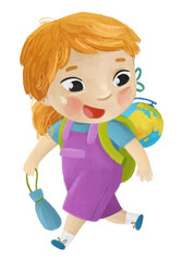 cartoon child kid girl pupil going to school learning with globe childhood illustration for kids